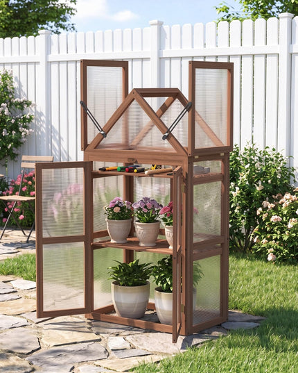 GIANTEX Mini Greenhouse Storage Shelves w/ Transparent Flip-Top Roof for Garden