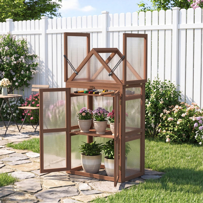 GIANTEX Mini Greenhouse Storage Shelves w/ Transparent Flip-Top Roof for Garden