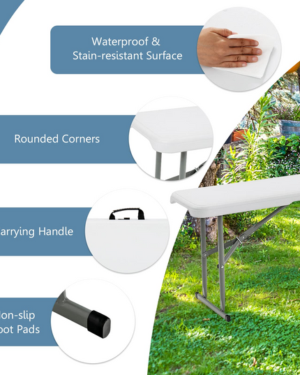 Outdoor Folding Camping Table with 2 Long Benches HDPE Metal Legs BBQ Party Patio Lawn Garden (White)