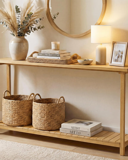 Console étroite Giantex à 2 niveaux avec cadre en teck et étagère de rangement (71" x 12" x 31")
