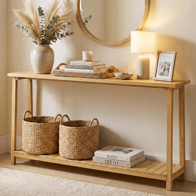 Console étroite Giantex à 2 niveaux avec cadre en teck et étagère de rangement (71" x 12" x 31")