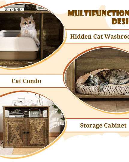 Giantex Cat Litter Box Enclosure - Litter Box Hidden Furniture with Barn Door, Inner Divider, Side Entry, Storage Shelf
