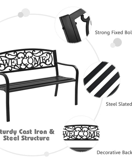 Giantex Garden Bench, Antique Metal Outside Bench w/Warm Welcome Pattern