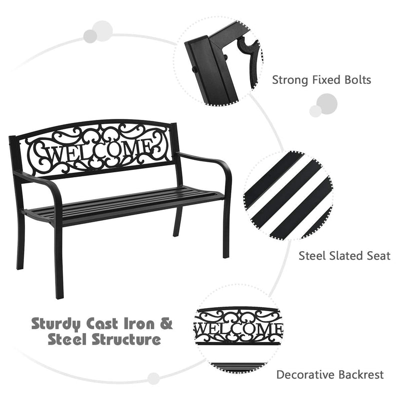 Giantex Garden Bench, Antique Metal Outside Bench w/Warm Welcome Pattern