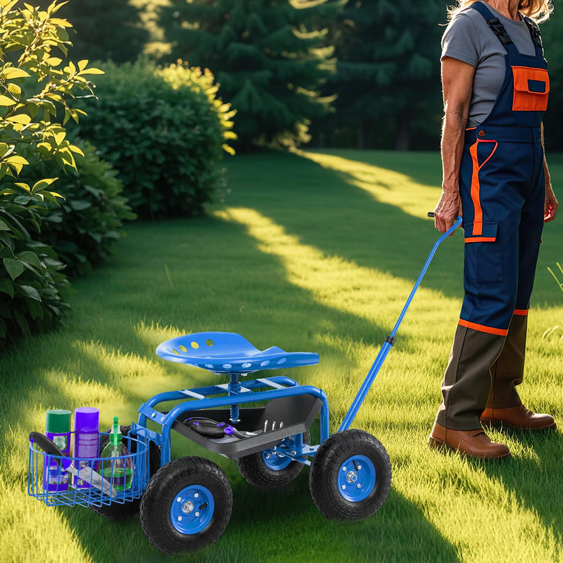 Giantex Garden Cart, 4-Wheel Gardening Workseat with Storage Basket