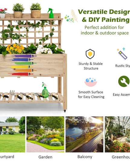 Giantex Raised Garden Bed on Wheels, Wood Planter with Trellis, Black Liner Storage Shelf