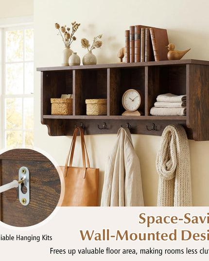 Giantex Wall Mounted Coat Rack 28.5'' Wooden Floating Shelf with 4 Cubbies & 5 Double Hooks