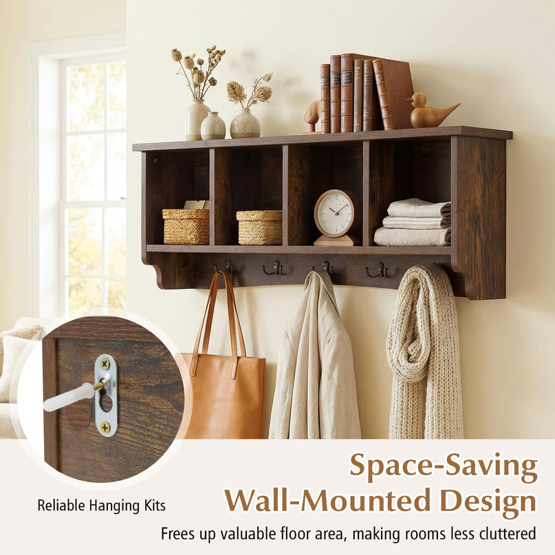 Giantex Wall Mounted Coat Rack 28.5'' Wooden Floating Shelf with 4 Cubbies & 5 Double Hooks