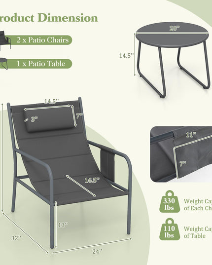 Giantex 3 Piece Patio Bistro Set, Outdoor Metal Chairs Set of 2 with Coffee Table, Breathable Fabric Seats