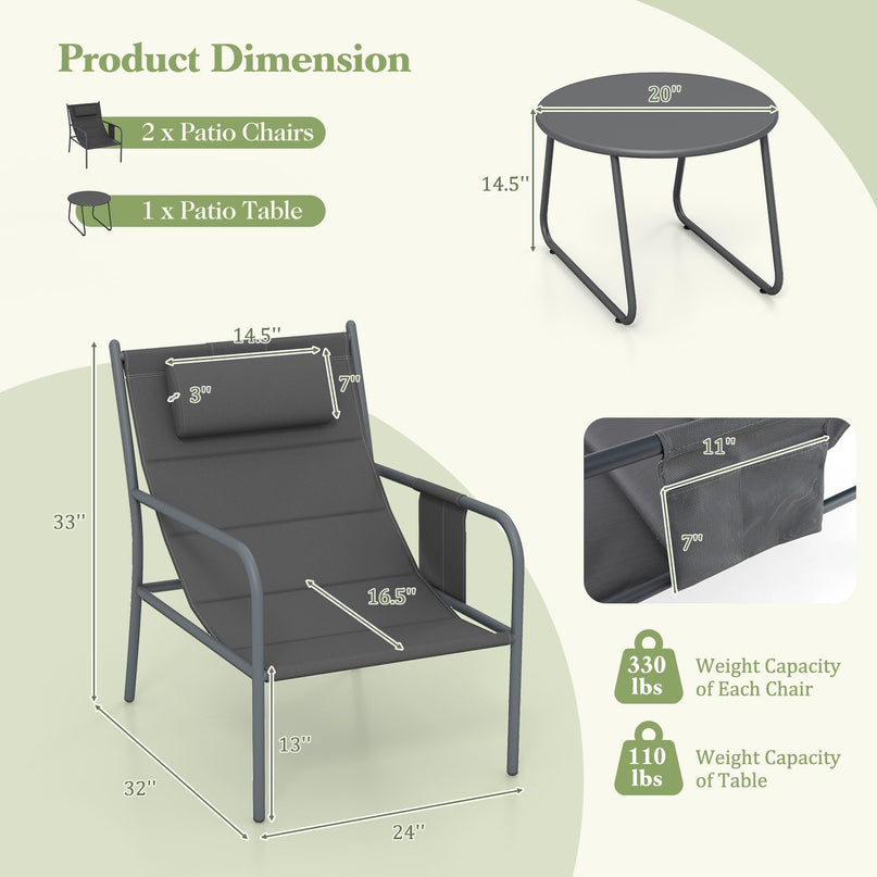 Giantex 3 Piece Patio Bistro Set, Outdoor Metal Chairs Set of 2 with Coffee Table, Breathable Fabric Seats