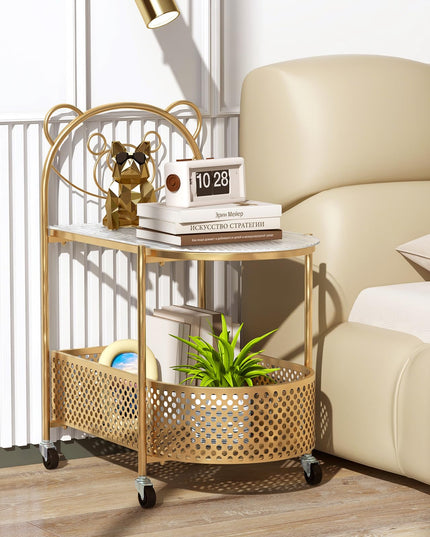 Giantex Mobile Glass Coffee Table, 2-Tier Modern Cocktail Table with Bear Pattern, Storage Basket & Metal Frame
