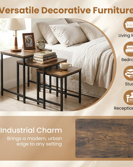 Giantex Modern Nesting Coffee Table Set of 3 with Metal Frame for Small Space