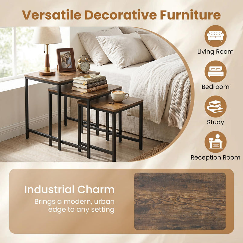 Giantex Modern Nesting Coffee Table Set of 3 with Metal Frame for Small Space
