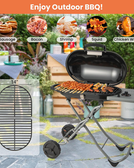 Giantex Gas Grill, Portable Propane Grill with 15,000 BTUs Burner, Side Table, 2 Wheels, Grease Tray