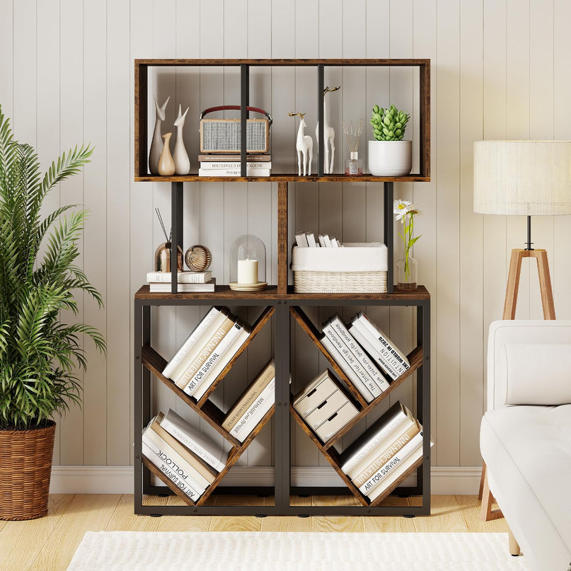Giantex 6-Tier Industrial S-Shaped Geometric Bookcase with Open Display Shelves