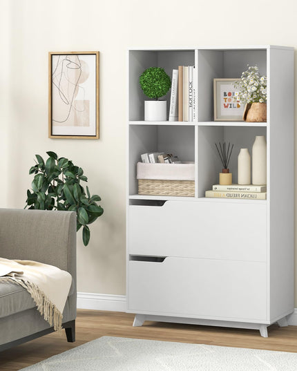 Giantex 51" Tall Bookcase with 2 Drawers, 4-Tier Open Bookshelf with 4 Storage Cubes, White