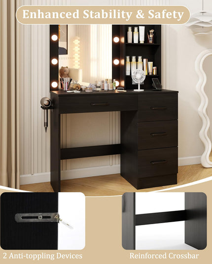 CHARMAID Vanity Desk with Mirror and Lights, Black Makeup Vanity Desk with 4 Large Drawers