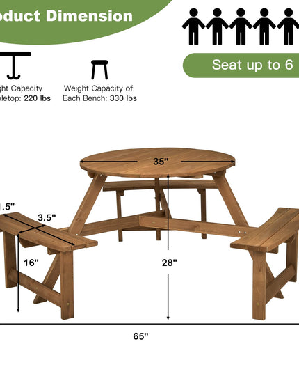 Giantex Wooden Picnic Table for 6 Person, Round Outdoor Table with 3 Benches, Umbrella Hole