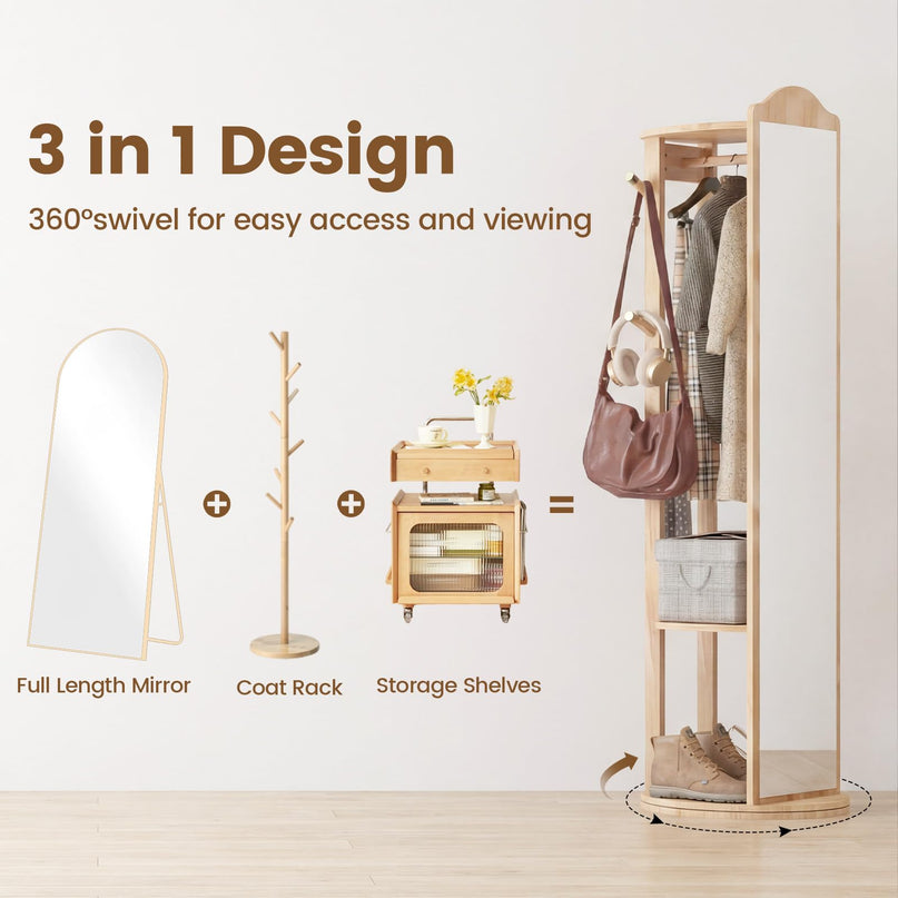 Giantex 66" x 19" Wood Floor Standing Mirror with 2 Clothes Rods