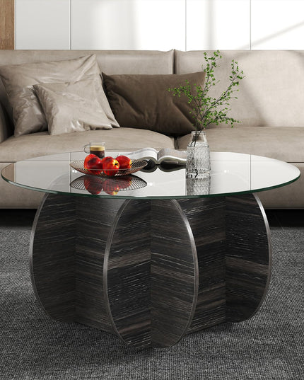 Giantex 35" Glass Round Coffee Table with Storage & Solid Wood Base