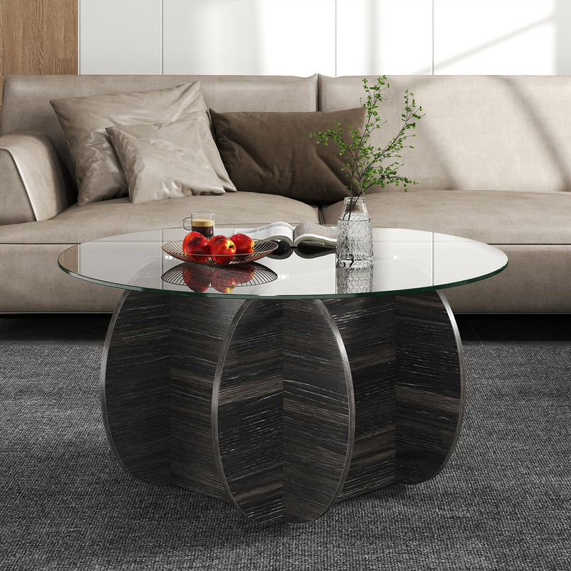 Giantex 35" Glass Round Coffee Table with Storage & Solid Wood Base
