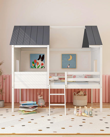 Giantex Twin House Bed Frame, Kids Low Loft Bed Frame with Roof