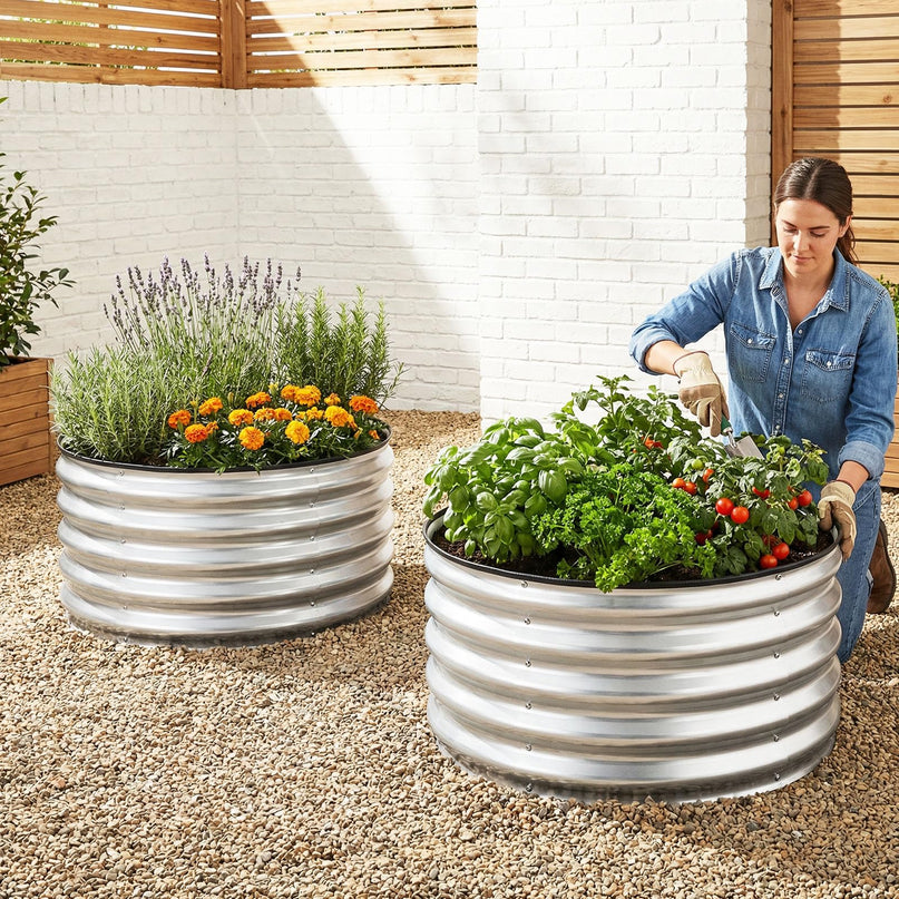 Giantex 2 Pack Galvanized Raised Garden Bed Kit | 2x2x1 FT Round Large Metal Planter Boxes w/Open-Ended Base