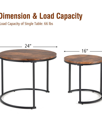 Nesting Coffee Table Set of 2, Round Stacking Side Tables w/Wooden Tabletop & Steel Frame