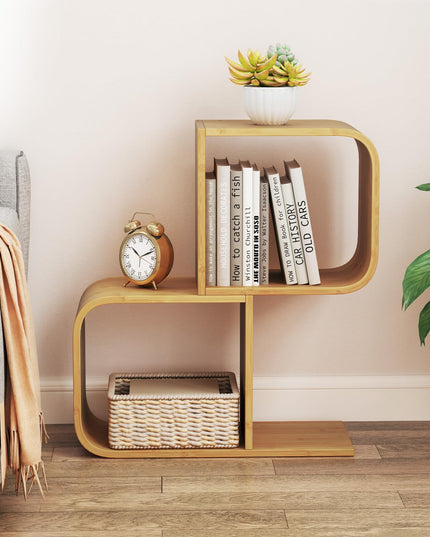 Giantex S-Shaped Bookcase, 2-Tier Bamboo Bookshelf with 2 Open Cubes, Geometric Corner Display Shelf