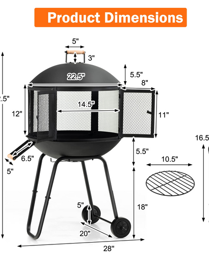 Giantex 28” Portable Fire Pit on Wheels - Mobile Wood Burning Firepit with Log Grate