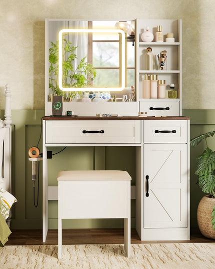 Glass Top Vanity Desk with Lighted Mirror