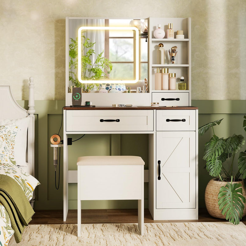 Glass Top Vanity Desk with Lighted Mirror