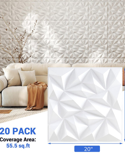 Giantex 20"x20" White PVC Decorative Wall Tiles with Diamond Pattern | 20/40 Pack 3D Wall Panels