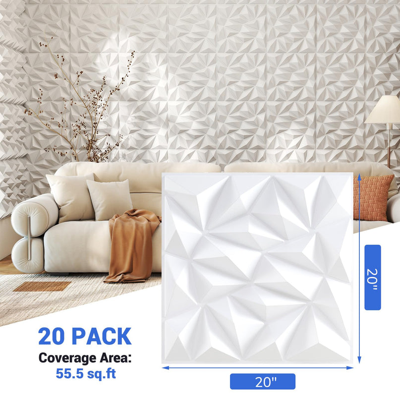 Giantex 20"x20" White PVC Decorative Wall Tiles with Diamond Pattern | 20/40 Pack 3D Wall Panels