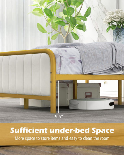 Giantex Twin Size Gold Bed Frame with Velvet Headboard and Footboard, Heavy-duty Metal Slats Support Mattress Foundation