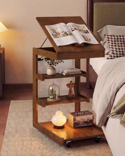 Giantex C-Shaped End Table with Wheels Adjustable Desktop Edge Stopper & 3 Storage Shelves