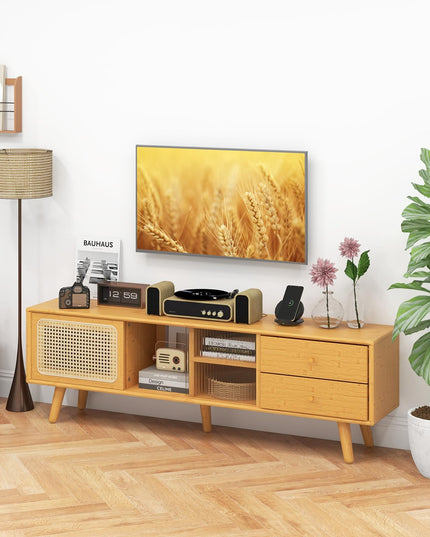 Giantex Bamboo TV Stand for 55 60 65 Inch TV, PE Rattan Entertainment Center with Sliding Doors
