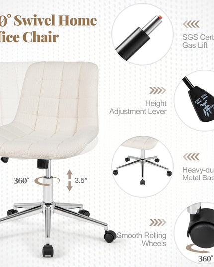 Giantex Armless Office Chair, Modern Faux Fur White Vanity Chair with Wheels & Adjustable Height