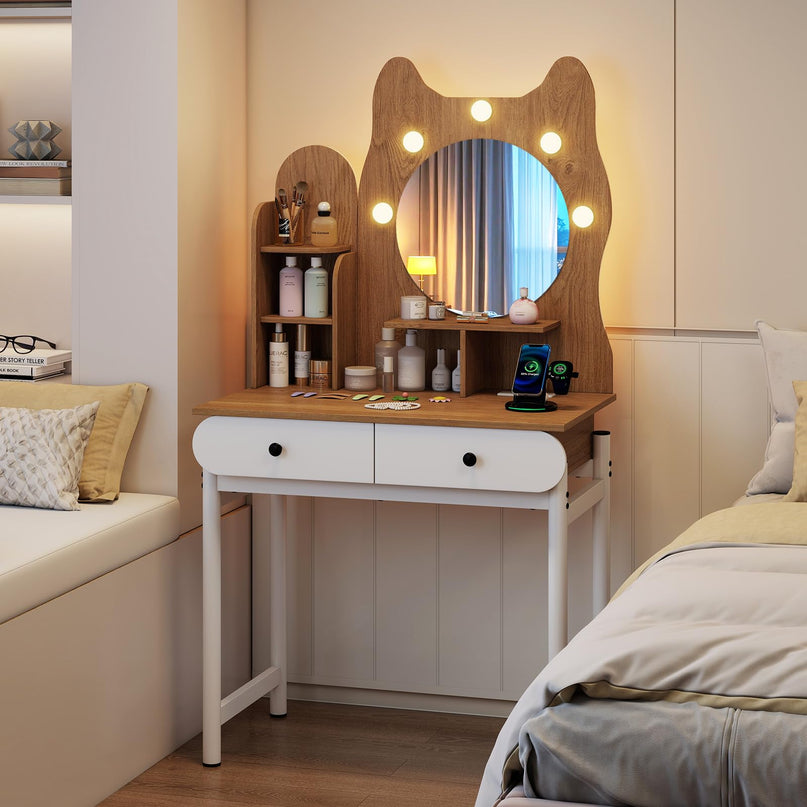 Makeup Vanity Desk with Lights & Mirror for Girls & Teenagers Bedroom