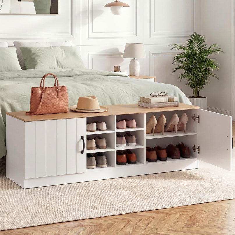 Banc de rangement pour chaussures à 2 portes Giantex, banc d'entrée en bois