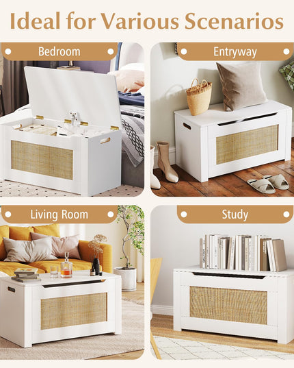 Giantex 31.5" Large Storage Chest Rattan Storage Bench with Flip Top Lid & Safety Hing