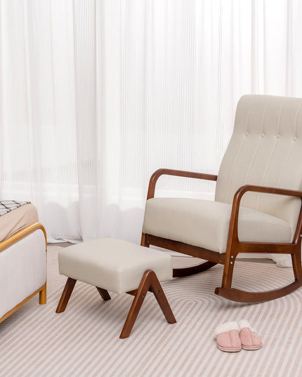 Giantex Rocking Chair with Ottoman, Upholstered Rocker Chair with Solid Rubber Wood Frame