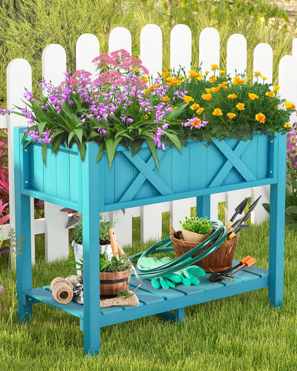 Giantex HIPS Raised Garden Bed, Elevated Planter Box w/Legs, Storage Shelf, Drain Holes