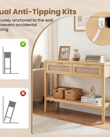 Giantex 40" Rattan Console Table with 2 Drawers & Shelf, 2 Anti-Tipping Kits