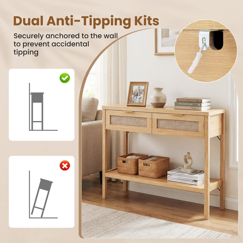 Giantex Table console en rotin de 101,6 cm avec 2 tiroirs et étagère, 2 kits anti-basculement