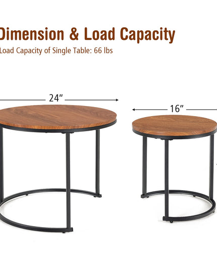 Nesting Coffee Table Set of 2, Round Stacking Side Tables w/Wooden Tabletop & Steel Frame