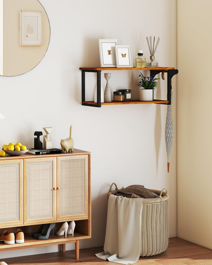 Giantex Teak Wood Bathroom Floating Wall Shelves 40.5" Long 2-Tier Storage Rack