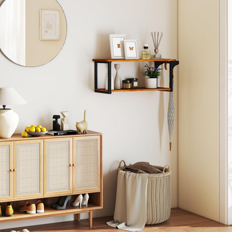 Giantex Teak Wood Bathroom Floating Wall Shelves 40.5" Long 2-Tier Storage Rack