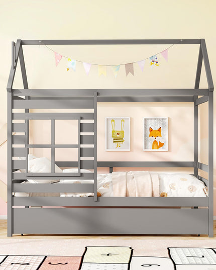Giantex Twin House Bed with Trundle Bed Twin, Wooden Twin Bed Frames with Roof, Chimney & Window