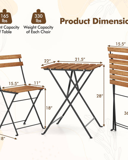 Giantex 3-Piece Acacia Wood Bistro Set with 2 Folding Chairs, Slatted Seat & Tabletop